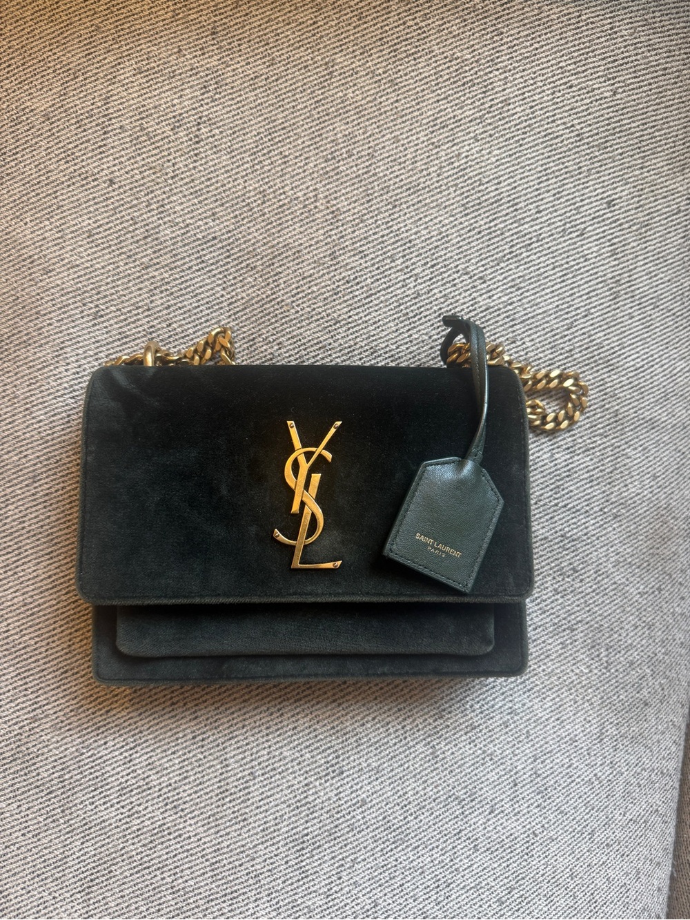 Saint Laurent Sunset Green Suede Monogram Chain Crossbody